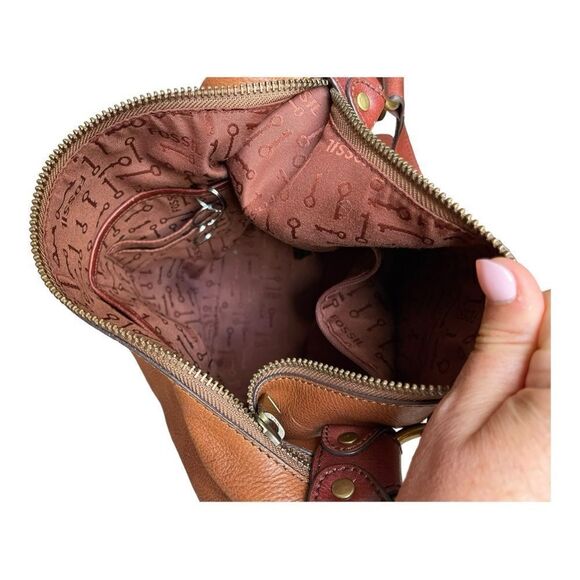 Fossil vintage reissue brown leather hobo bag brass zipper hardware tote shopper - Picture 14 of 16